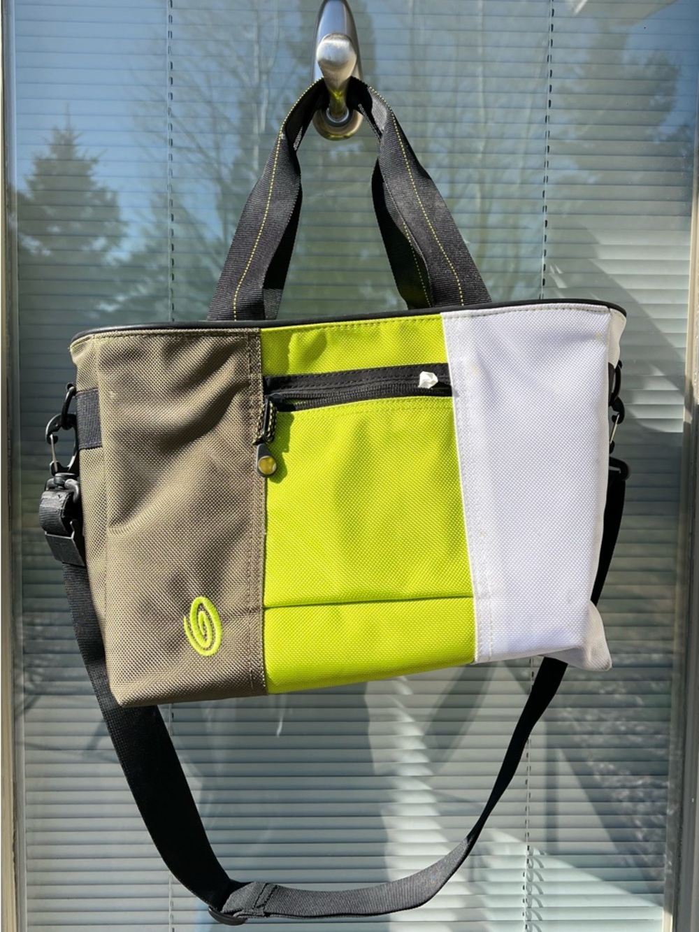 Three-Tone Colorblock Crossbody Tote - Olive, Lime & White